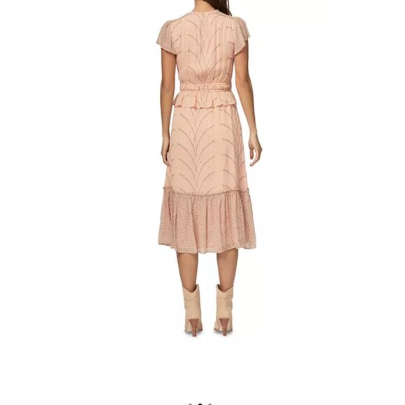 Paige Womens XS Peach Print Ruffle Midi Dress Silk - Picture 2 of 8